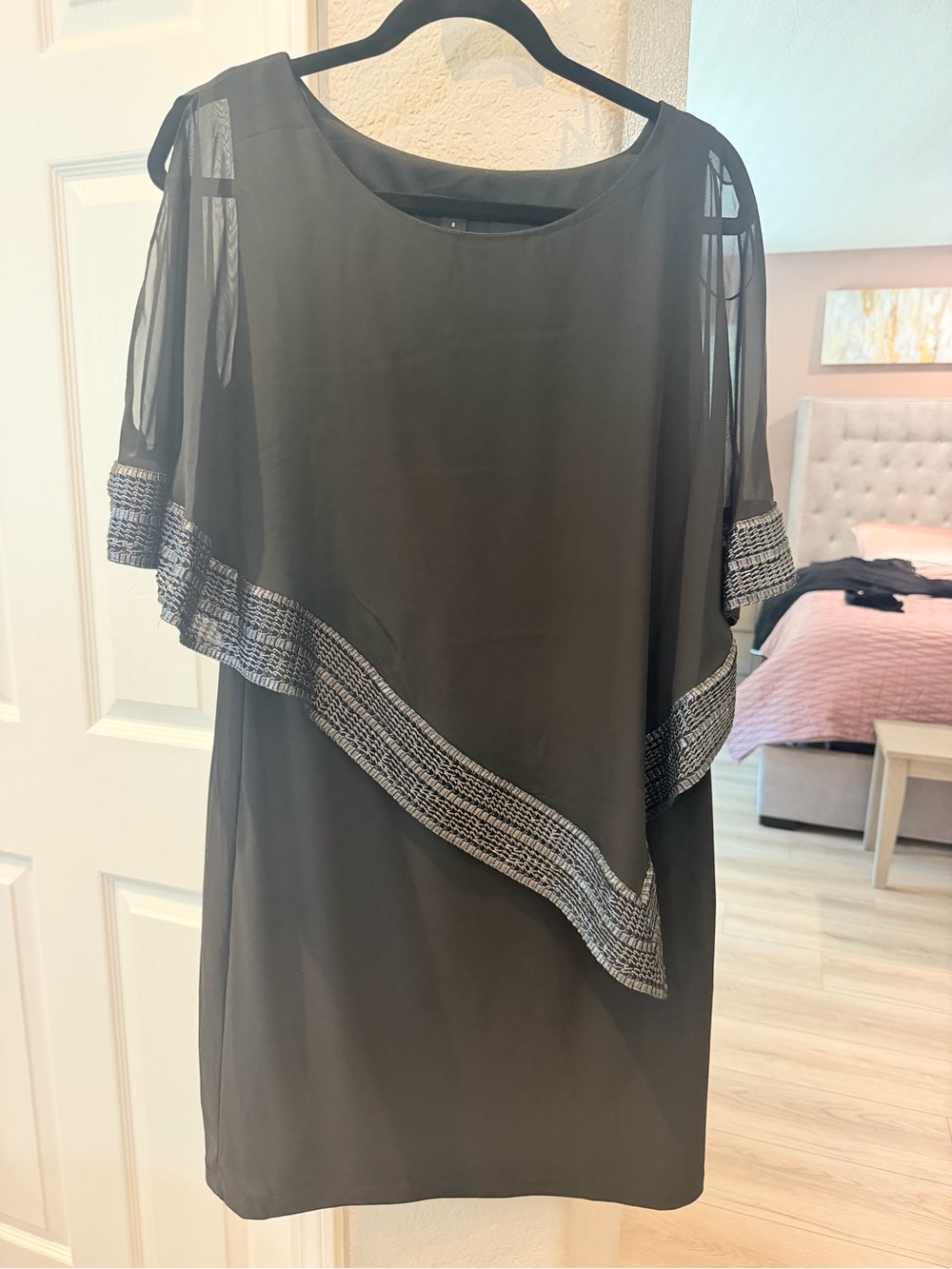 SLNY Black Sheer Overlay Dress with Metallic Trim